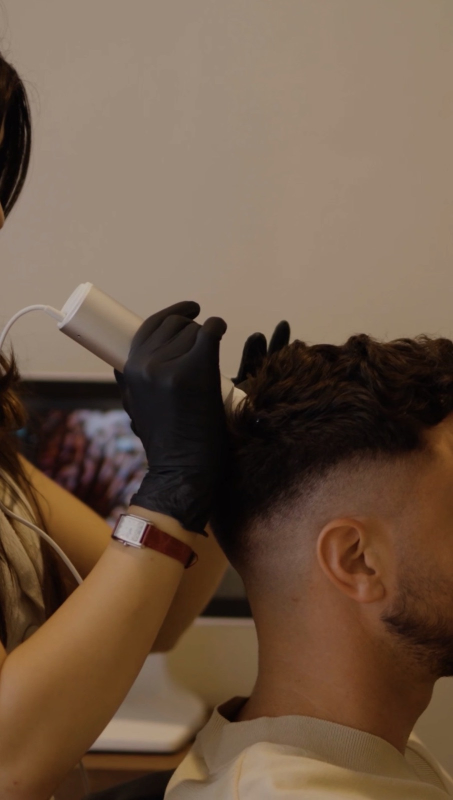 A close scalp assessment during a trichology consultation